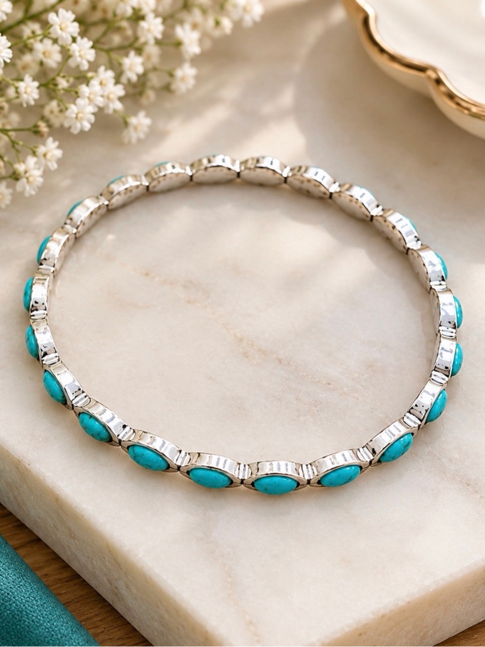 Turquoise Stone Silver-Plate Stretch Bracelet